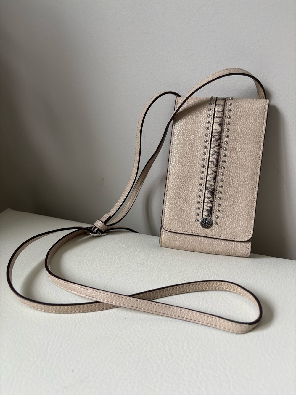 Brighton leather Beige Crossbody Phone Bag with Stud and Braid Detail